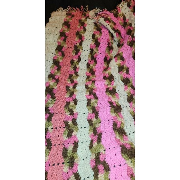 Handmade Crochet Afghan Baby Blanket Fringe 45x38  Multicolor Pink Brown NEW - Picture 7 of 9